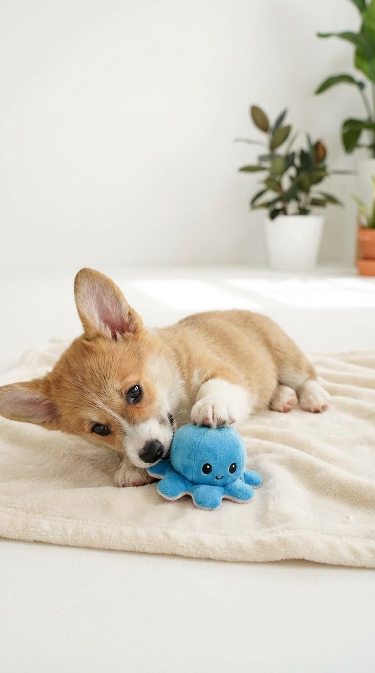 Dog relaxing at home with a soft toy