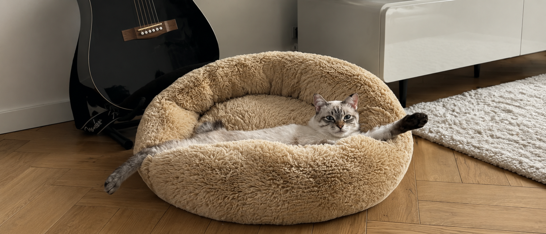 Cat relaxing in a soft and comfortable pet bed